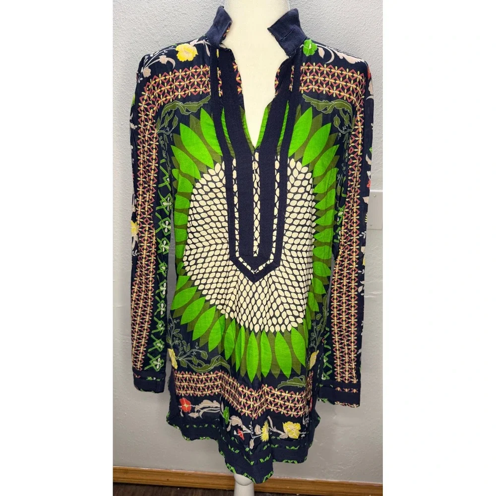 Tory Burch Women Sz 12 Navy Green Floral Medallion Tunic Side Zip Cotton Top